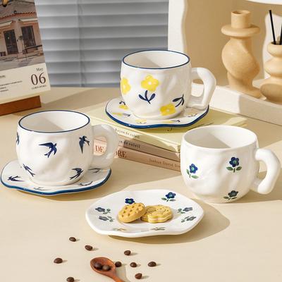 Керамические кофейные чашки и блюдца, ручной лепки, расписанные вручную неровные чашки и блюдца, высокоценные чашки для завтрака