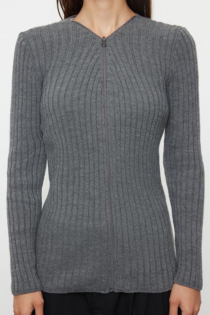 Женский модный стильный кардиган темно-синий базовый трикотаж в рубчик на молнии кардиган