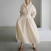 Chic Commute Cotton-Linen Swing Dress with Turn-Down/Polo Collar & Elastic Waist