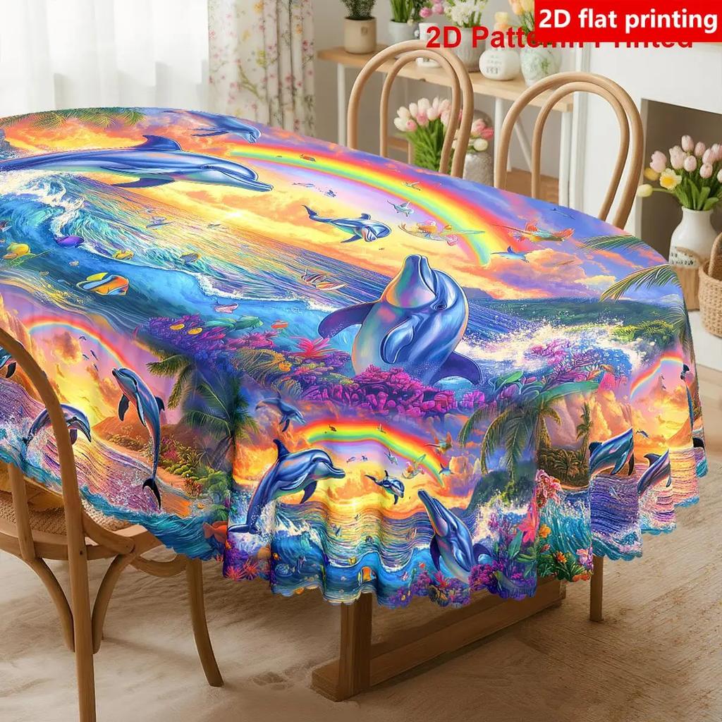 2D flat printing, 1pc dolphin-themed tablecloth, durable polyester tablecloth, yzb