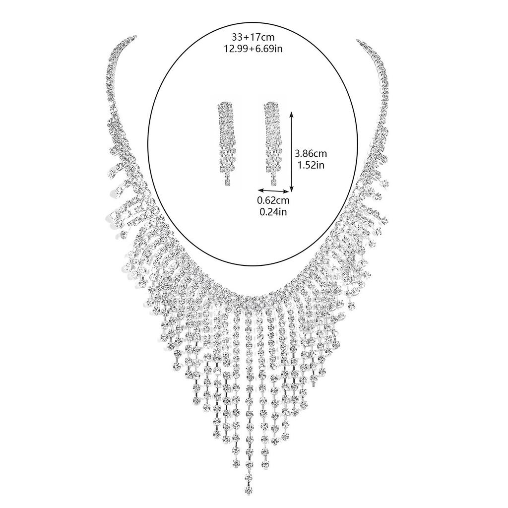 Europe, America, High-end Super Flash Full of Diamond Tassel Necklace Earrings Two-piece Set, Bridal Jewelry Set