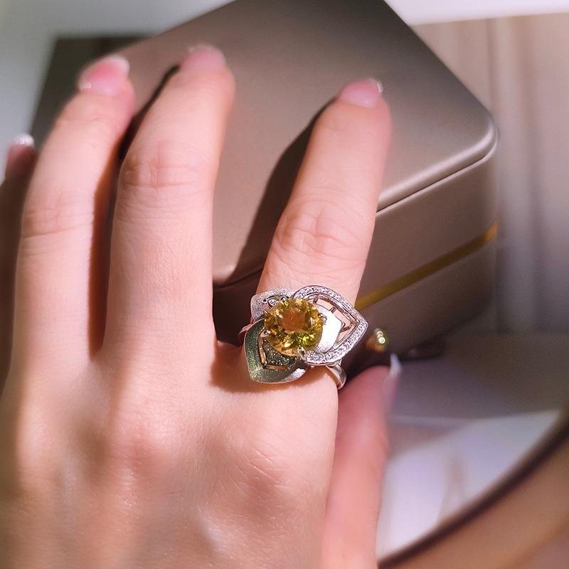 Women's S925 Sterling Silver Rose Flower Ring Natural Crystal Adjustable Opening Ring Fashion Jewelry