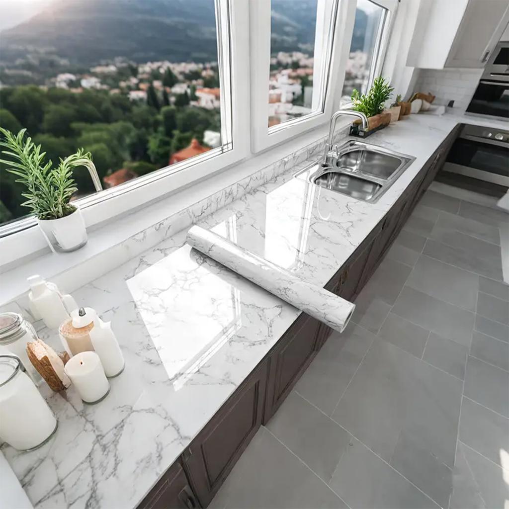 Самоклеящаяся кухонная пленка под мрамор - Водонепроницаемые Маслостойкие ПВХ Виниловые Обои для Столешницы, Фартука, Плитки | Легко Снимаются и Приклеиваются