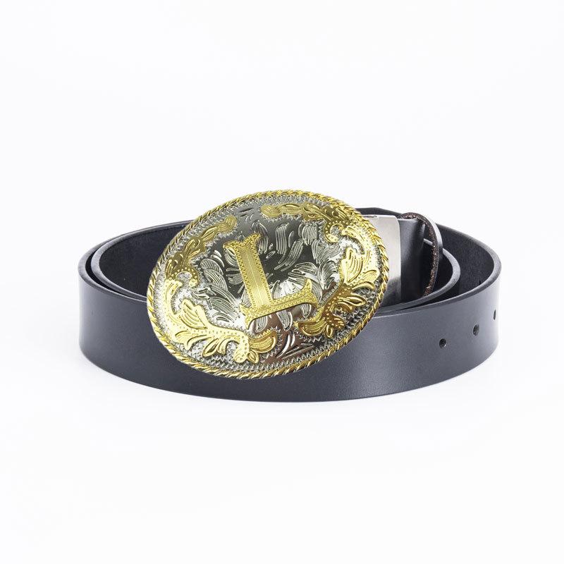 Whole Cowhide Retro Men's Belt Letter L Gold and Silver Two-color Oval Buckle Belt Men