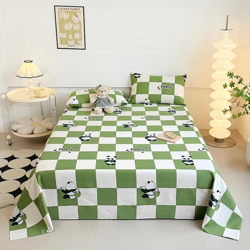 Cute Cartoon Panda Bed Sheet Set Cotton Thickened Green Plaid Bed Cover Soft Breathable 3Pcs Bedding Set for Kids Boys Girls