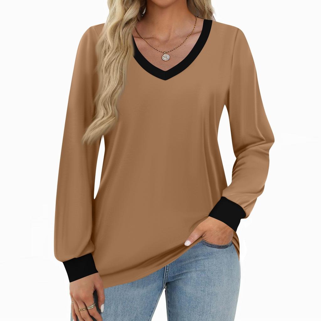 Женская модная повседневная рубашка с длинным рукавом и цветными блоками, женские топы с V-образным вырезом
