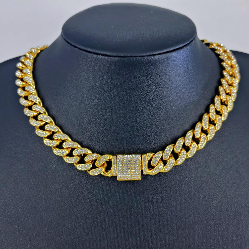 12mm Iced Out Crystal Prong Miami Cuban Chain Necklace for Women Men Bling Paved Rhinestone Choker Necklace Hip Hop Jewelry Gift