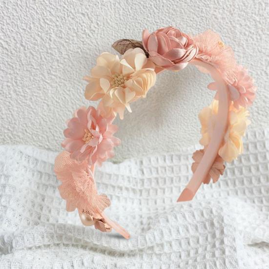 Soft Yarn Headband with Gauze Flowers Faux Pearls Decor Romantic Style Elastic Crown Hairband Parties Weddings Daily Wear