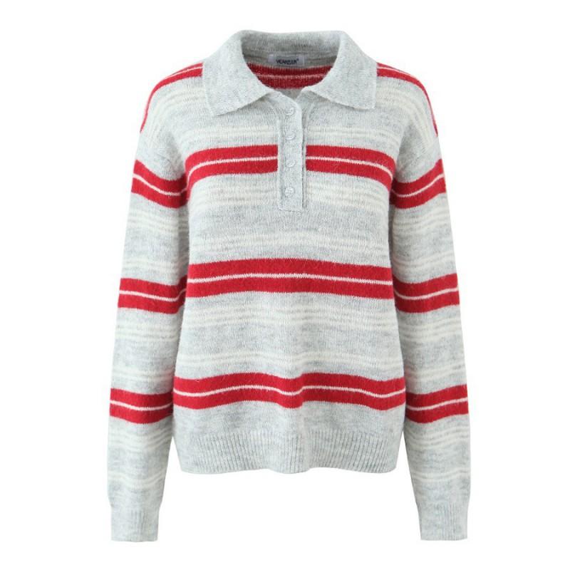 Womens Vintage Polo Neck Knit Sweater Loose Fit Striped Casual Top