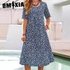 Весна-лето с цветочным принтом и круглым вырезом, карманом на шее и коротким рукавом, повседневное платье-рубашка миди
