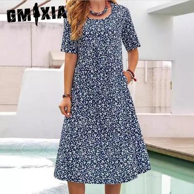 Весна-лето с цветочным принтом и круглым вырезом, карманом на шее и коротким рукавом, повседневное платье-рубашка миди