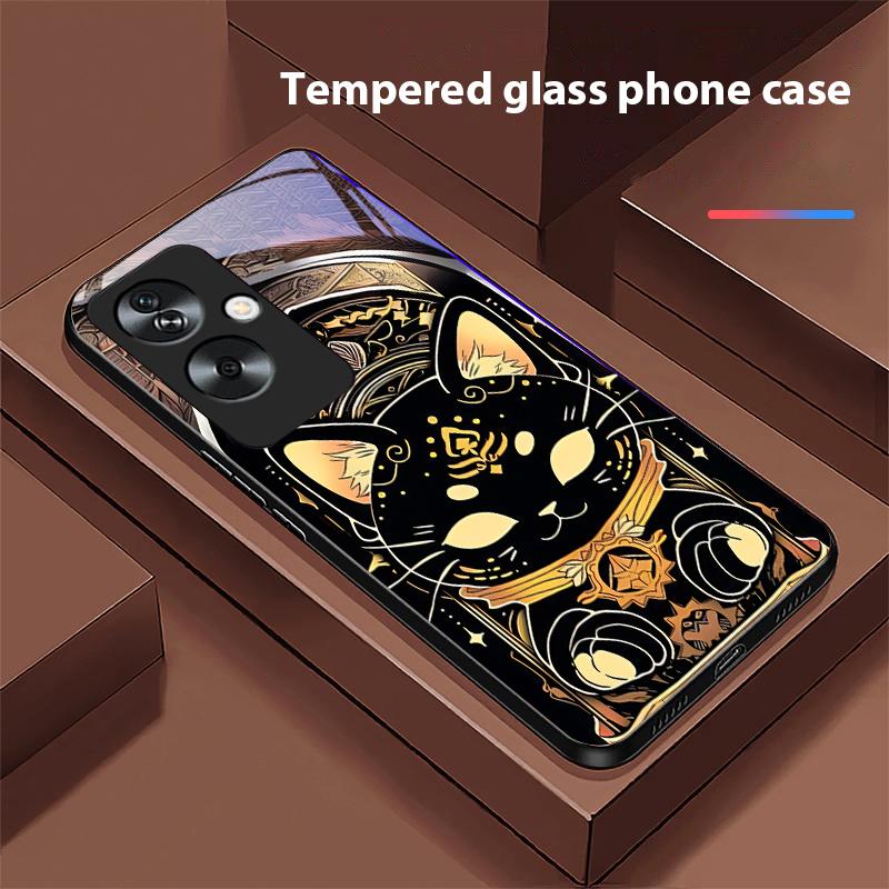 Черный Золотой Кот Для Oppo A79 5G 58 78 74 60 4G Reno 11F Realme GT 6 11 Note 50 10 C55 X2 Закаленное Стекло Черный Чехол для Телефона
