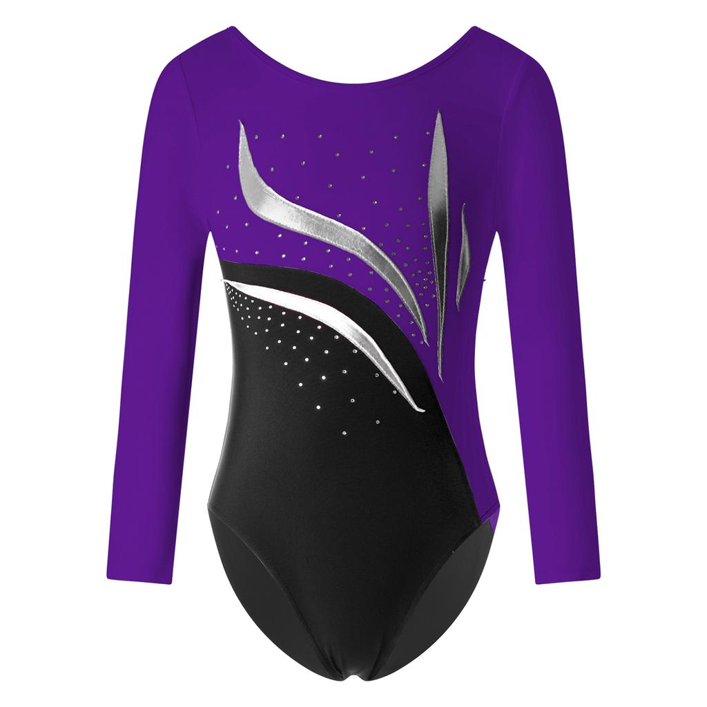 Kids Girls Stylish Clothing Long Sleeve Round Neckline Shiny Rhinestone Decorated Slim Fit Dance Leotards