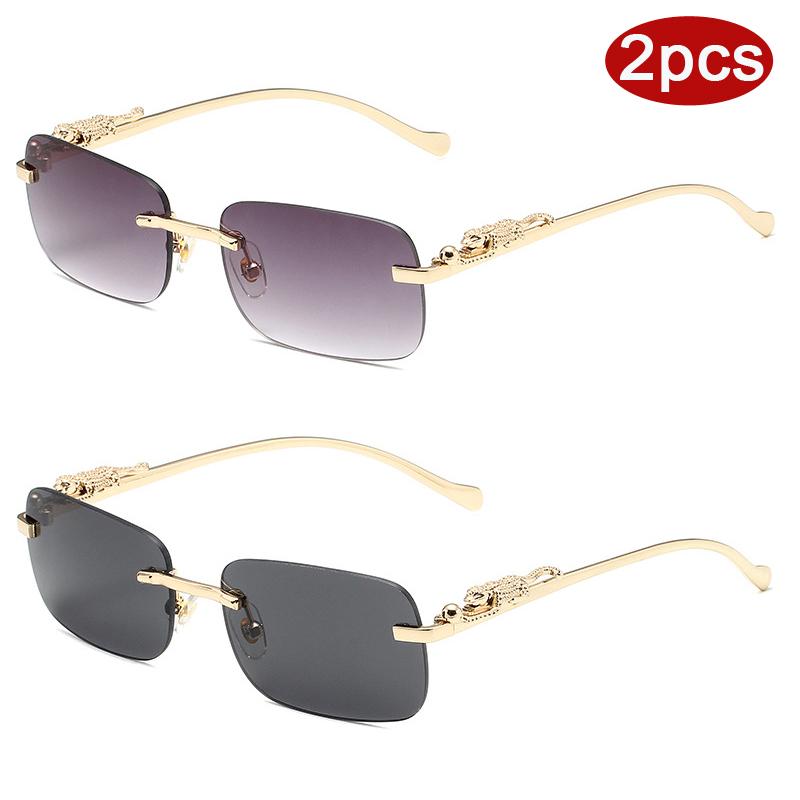 2Pcs Fashion Rimless Metal Square Sunglasses Women Leopard Decoration Sun Glasses Outdoor Colorful Lens Shades Female Uv400