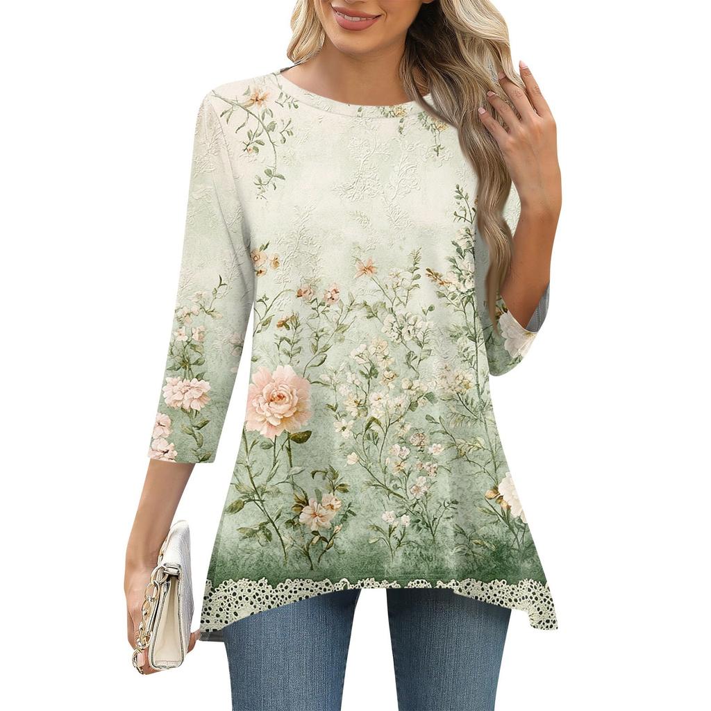 3/4 рукав туника топы для женщин принтованный повседневный выходной свободный крой модная базовая футболка с круглым вырезом