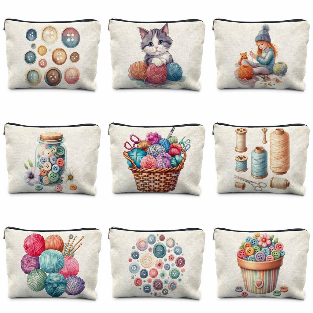 Creative Sewing Theme Print Makeup Bag Polyester Zipper Pouch Button Yarn Cat Pattern Organizer for Travel Daily Use 21.5x15cm