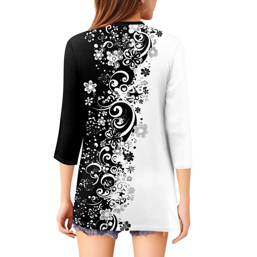 Women's Fashionable Casual 3/4 Sleeve Button Print V-Neck Pullover Top