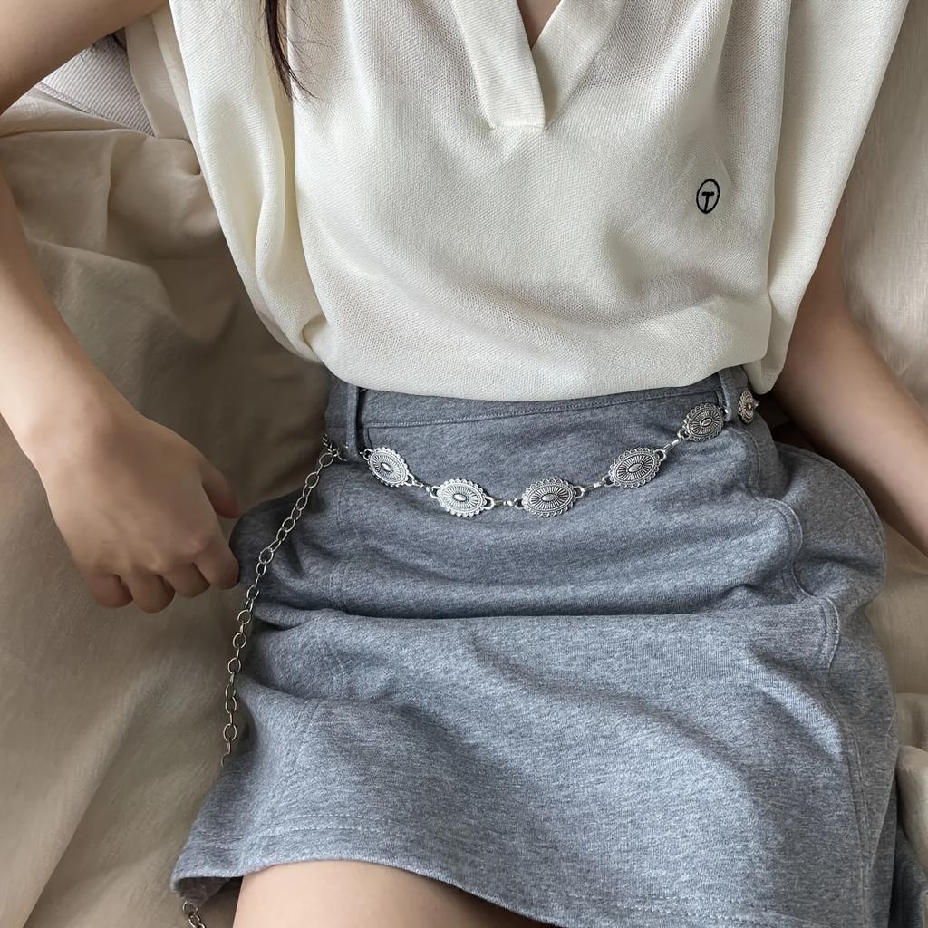 Vintage Ethnic Floral Silvery Chain Metal Waist Belt for Spicy Dress and Pants Adjustable Extension