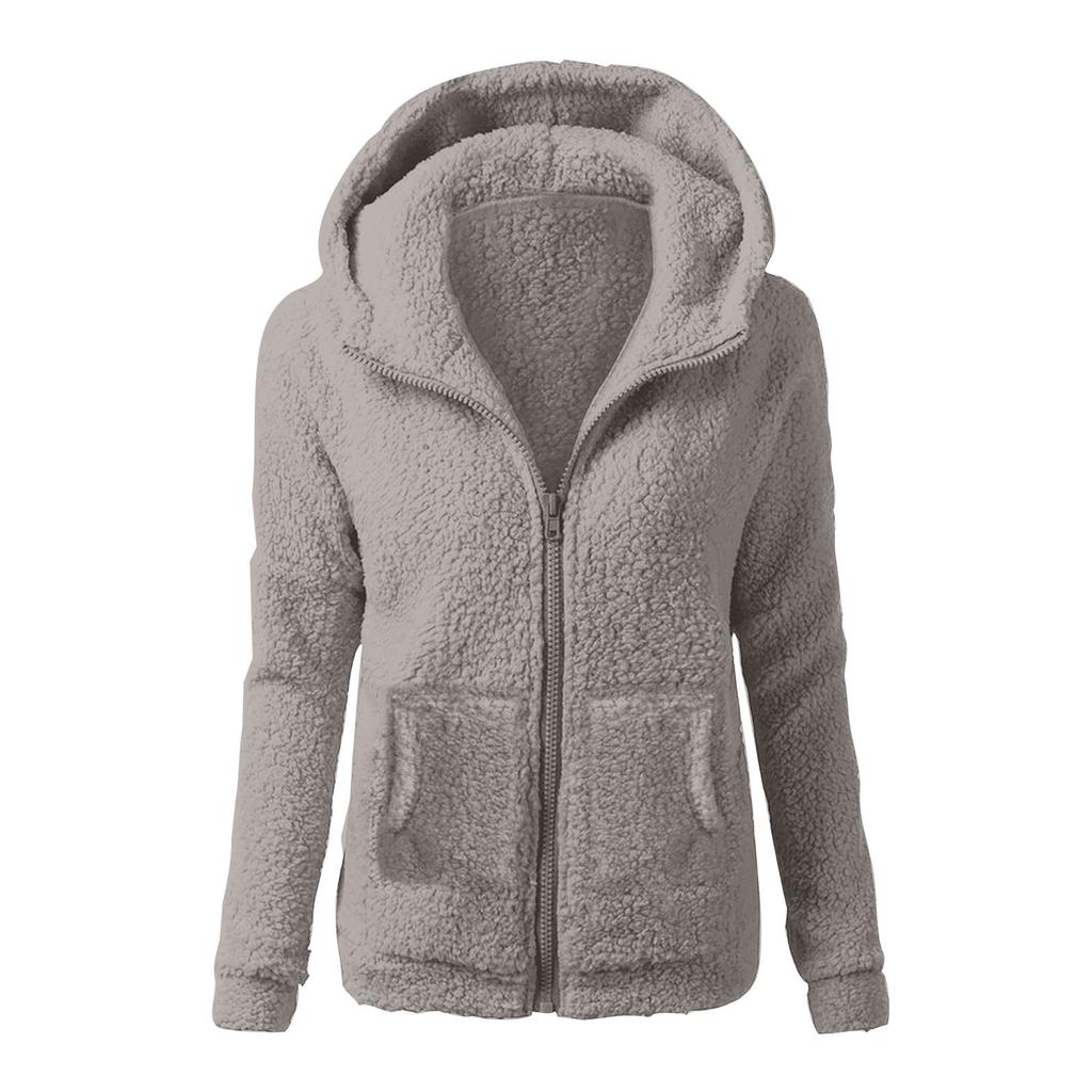 Women's Fashion Solid Colour Sweatshirt Loose Hooded Plush Zip Up Jacket Top