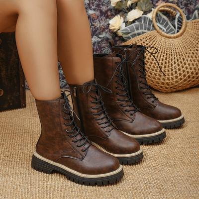 Новая женская обувь: Круглый носок большого размера, Толстый каблук, Флисовая шнуровка спереди