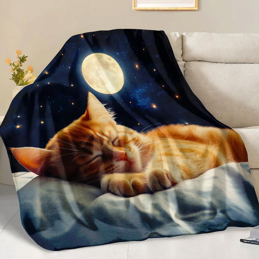 1pc Fluffy Throw Blanket - Cute Sleeping Ginger Kitten & Starry Night Sky Design, Soft Flannel All-Season Cozy Blanket for Sofa,