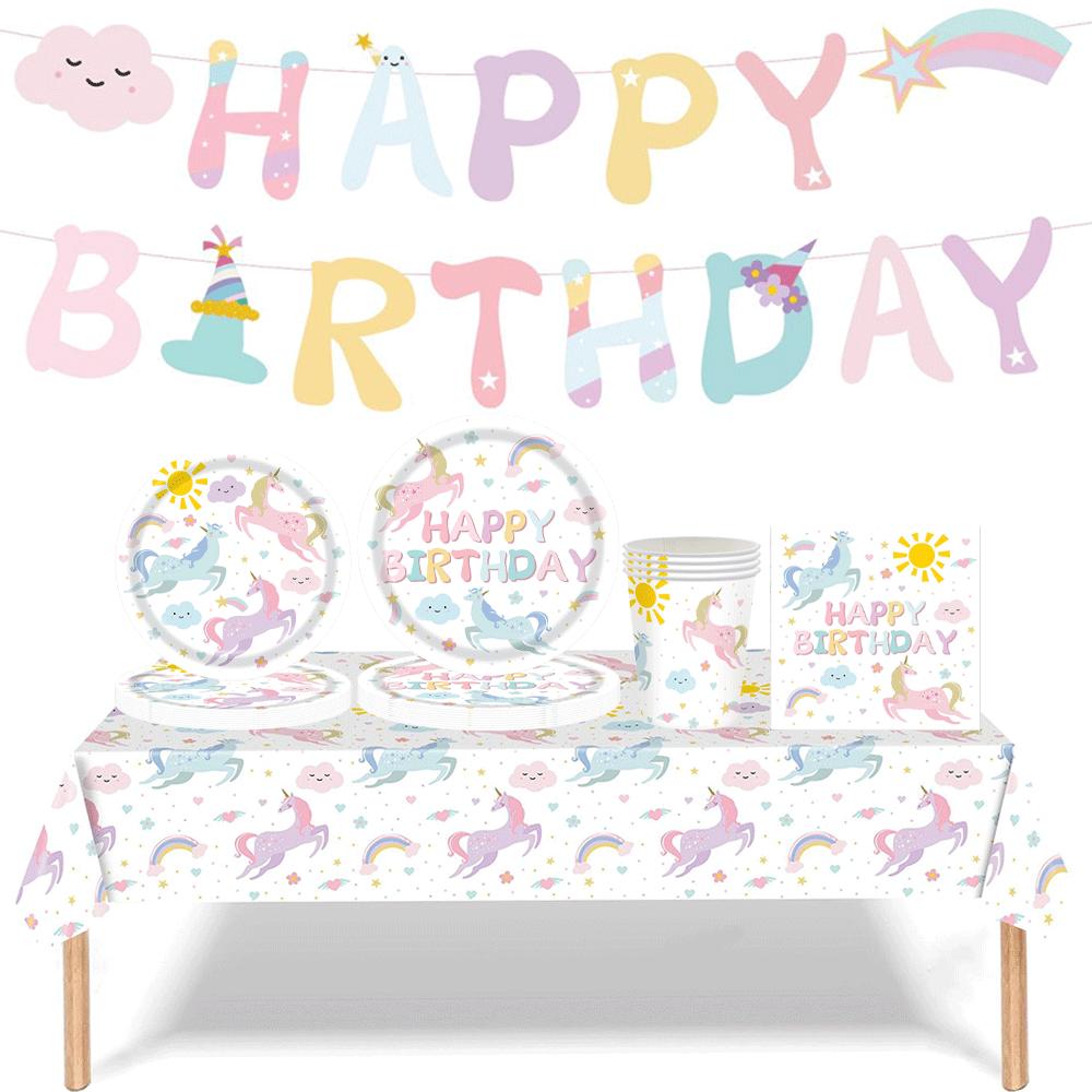 Unicorn Birthday Party Supplies Tableware Plates Cups Napkins Tablecloth Banner Foil Balloons Pastel Rainbow Baby Shower Decor