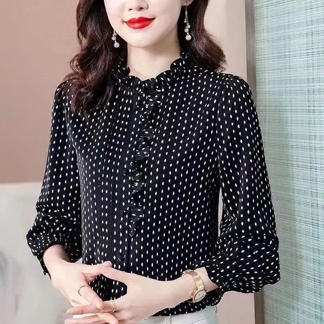 M-4XL Simulated Silk Shirt Women's Spring Autumn New Long Sleeved Top French Ruffled Stand Collar Printed Bottoming Shirt