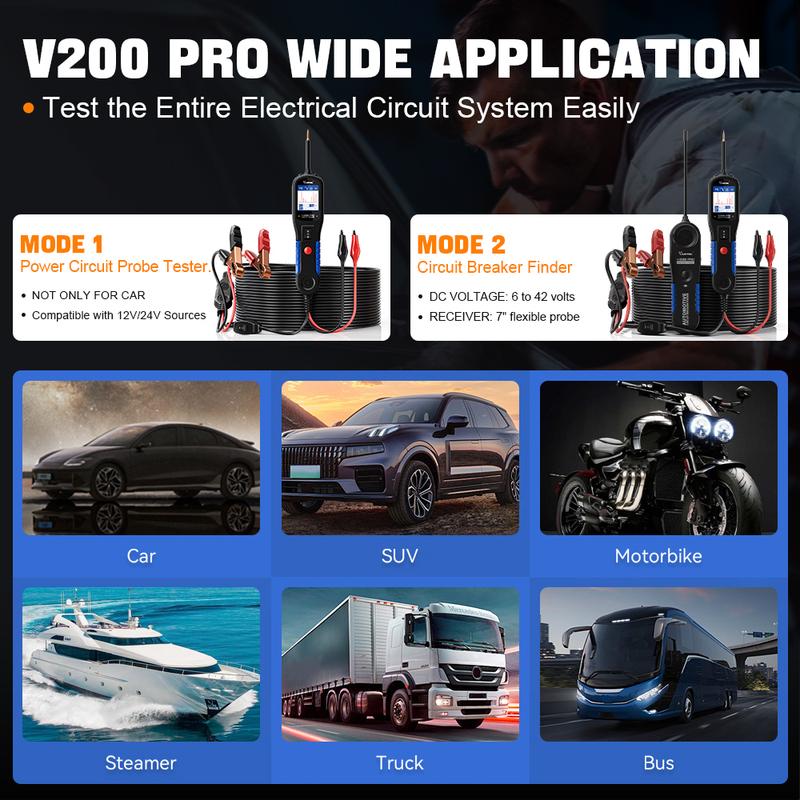 2026 VDIAGTOOL V200PRO 12/24В Пробник электрической цепи автомобиля с кабелем 40 футов/12 м Тестер цепи с тестированием реле/предохранителя Инструменты для поиска размыкателей