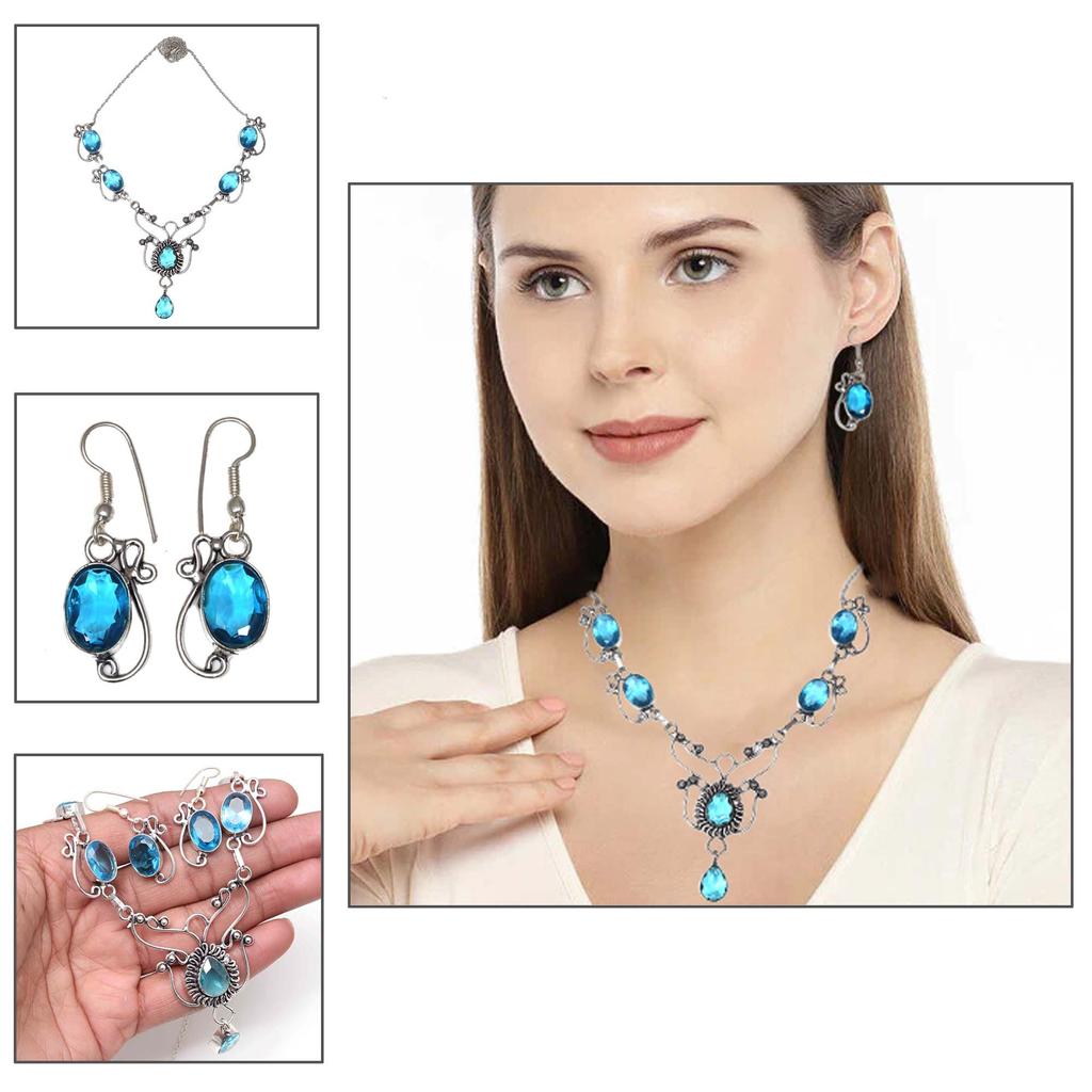 Swiss Blue Quartz Gemstone Jewelry Necklace & Earrings 18-20''