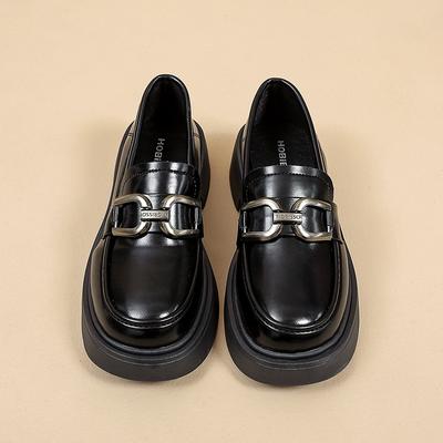 Британские женские кожаные туфли с металлической пряжкой, туфли-лодочки на каблуках, модные туфли на платформе с широким каблуком, повседневные туфли без застежек на весну и осень, тонкие туфли