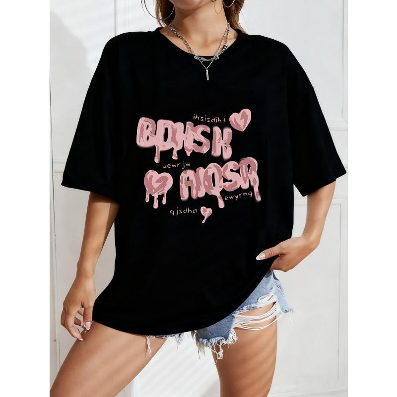 Белая Оверсайз Футболка с Розовым Принтом 'Капающее Сердце' для Повседневной Носки