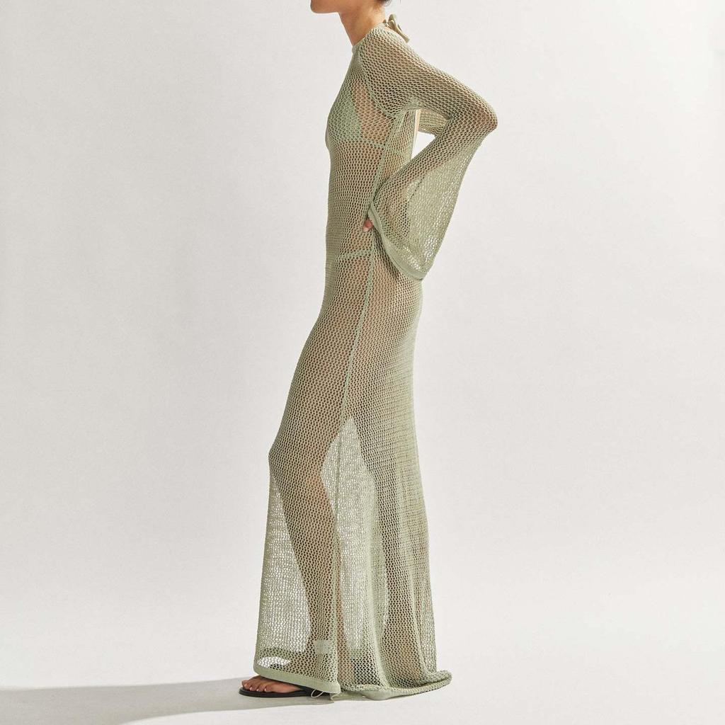 Women Long Sleeve Crochet Knit Sexy Backless Cut Out Elegant Summer Beach Holiday Maxi Dress