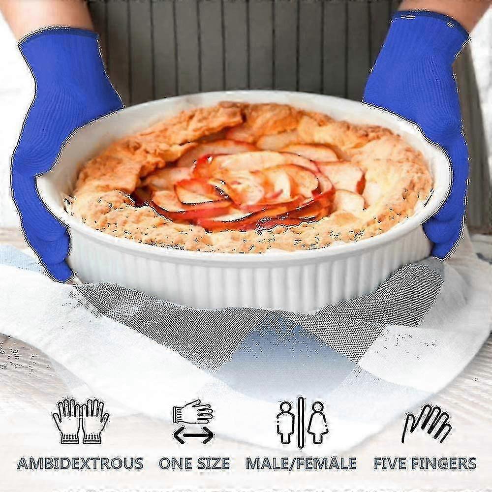 Heat Resistant Oven Gloves With Fingers - 1 Pairs Blue Classic Kitchen Oven Mitt Set