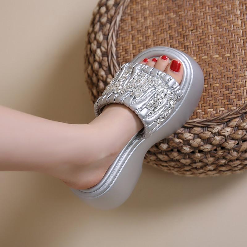 Fashion 2024 Summer New Fashion Open Toe Thick Sole Leather Women's Slippers Casual Brand Design Beach Party Dress Women's High Heels