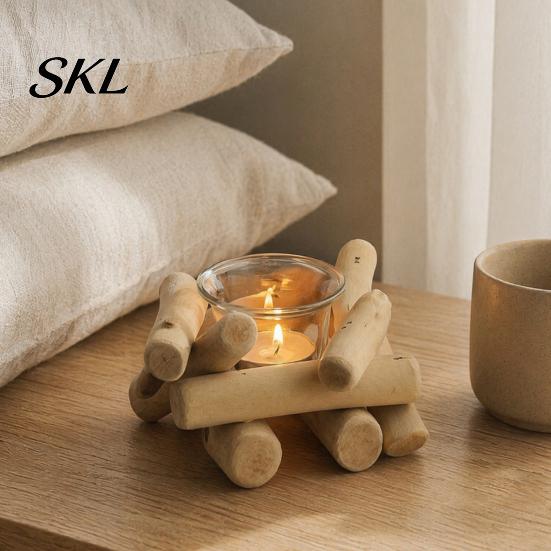 Stable Wood Candle Stand Wooden Glass Holder, Rustic Driftwood Ornament, Farmhouse Rural Home Decor Holder Tabletop for Living Room Bedroom