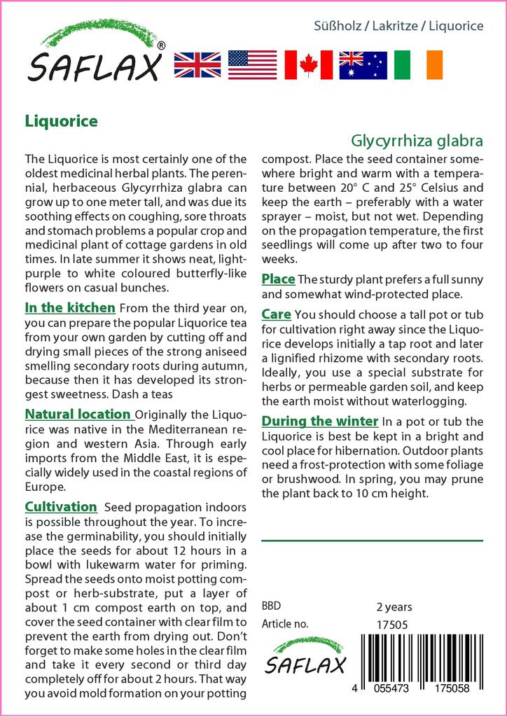 SAFLAX Garden in the Bag - Солодка - 30 семян - С субстратом в подходящем пакете-стойке - Glycyrriza glabra
