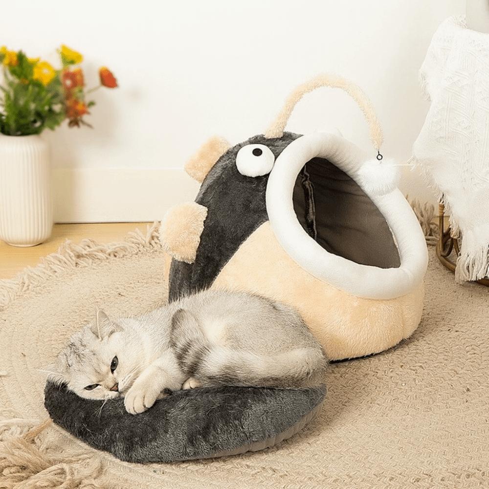 Теплая кровать для кошки в виде рыбы-фонаря, мультяжная пещера, кровати для кошек, милая кровать для сна питомца, четыре сезона