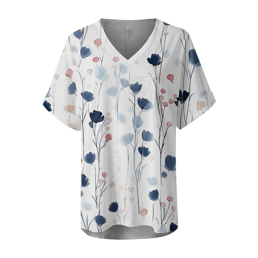 Women's Fashion Pocket V-neck Short Sleeve Plant Floral Print T-shirt Top