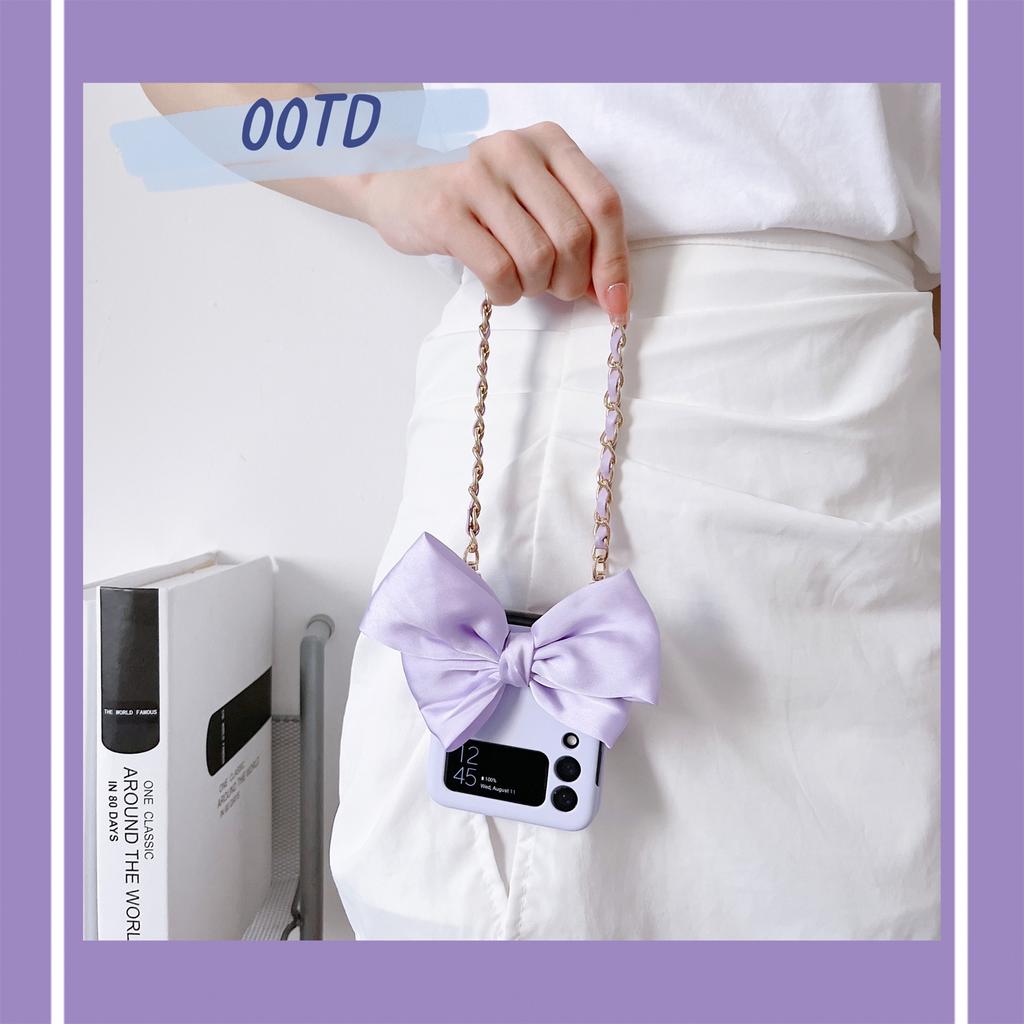 Fashion Korean Cute Silk Bow Leather Bracelet Chain Phone Case For Samsung Galaxy Z Flip 4 Z Flip 3 Zflip 5g Protective Cover