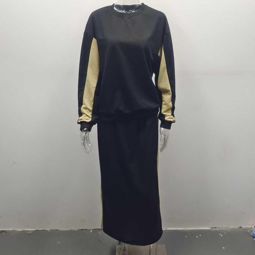 Women's Color Block Hoodie and Skirt Set - Casual Loose Fit, Mid-Length, 2025 Spring/Autumn Collection