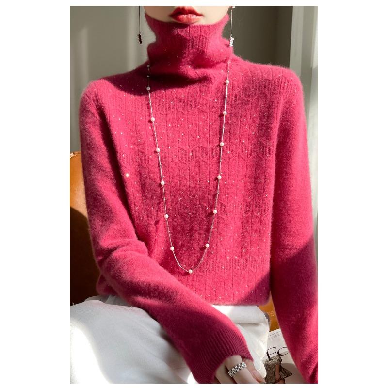 Осень и Зима Первая линия Готовая одежда Вязаные свитера с высоким воротником Шерстяная базовая рубашка для женщин Жаккардовый трикотаж с высоким воротником