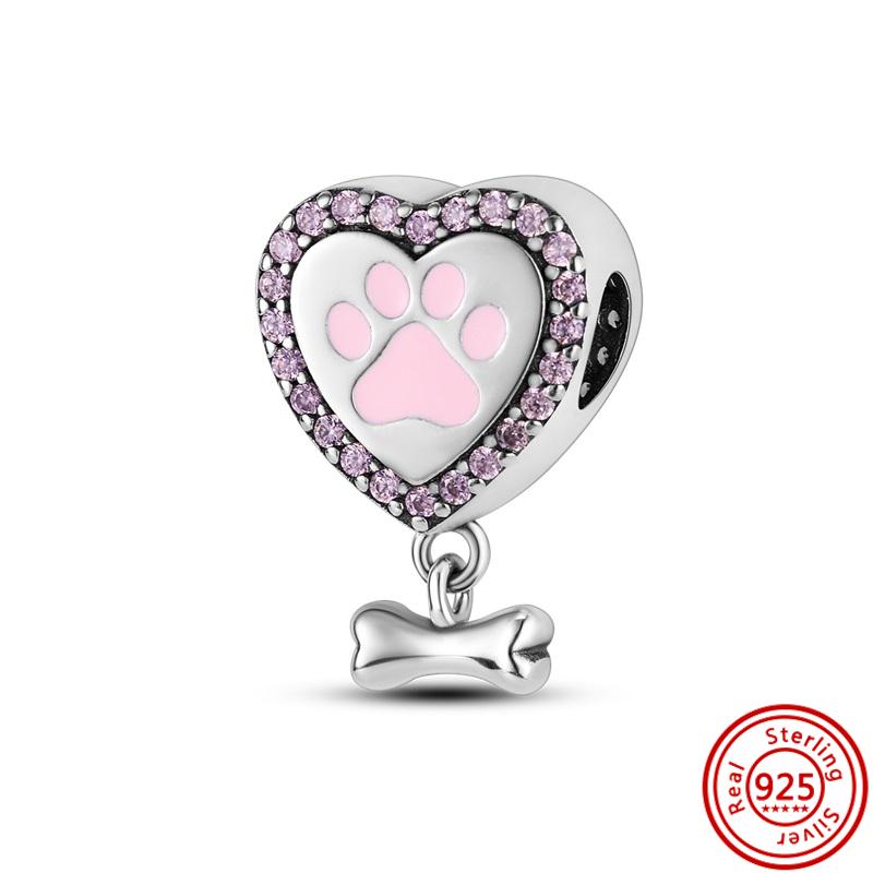 New S925 Silver Pink Heart Animal Paw Print Pendant Clear Zircon Fashion Beads Fit Original Charms Bracelet Women Jewelry