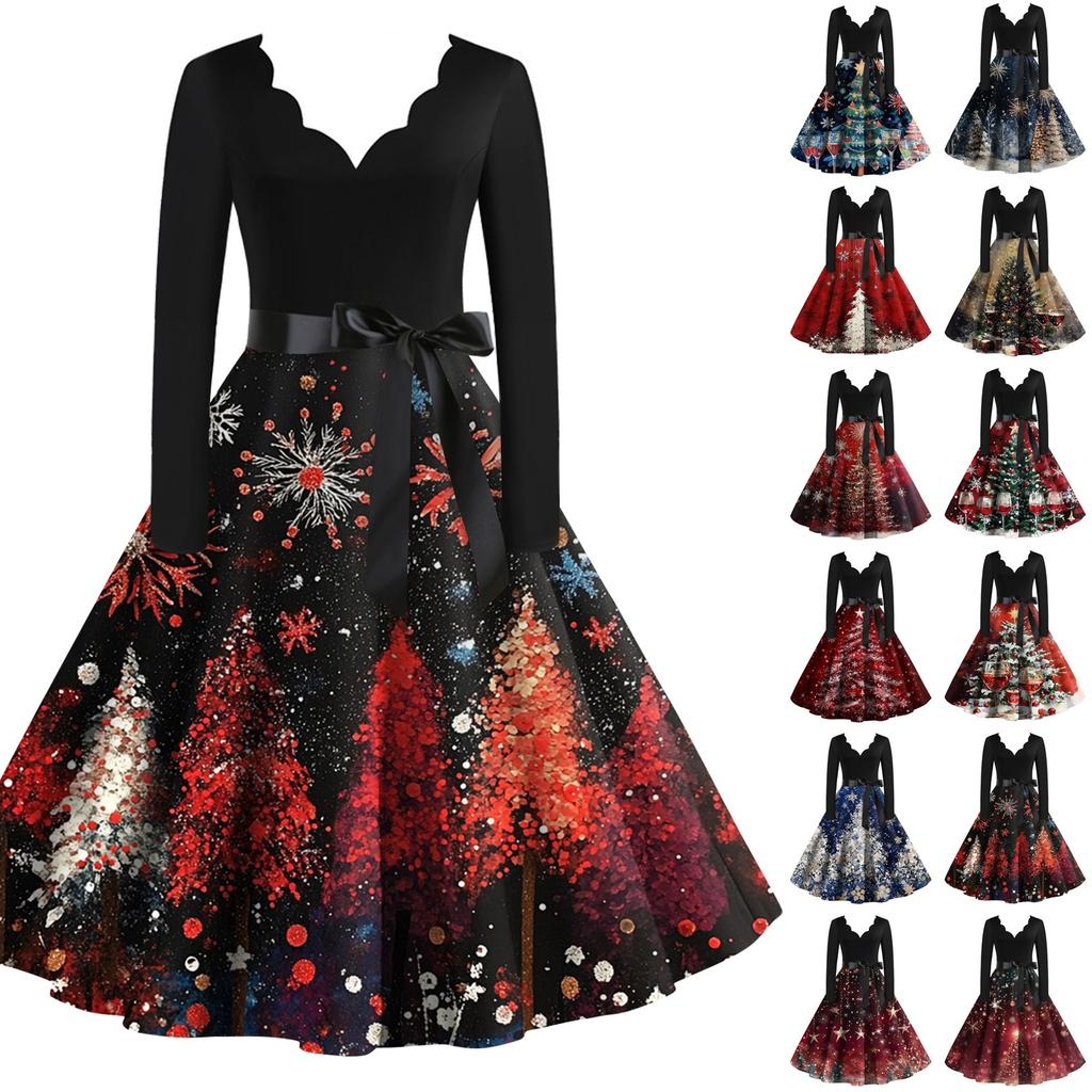 Women's Christmas Printed V-neck Large Hem Dress Long Sleeve Dress