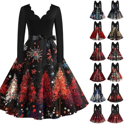 Женское рождественское платье с V-образным вырезом и широким подолом, длинное платье с рукавами