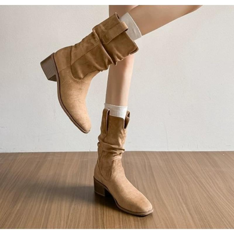 Новые женские ботильоны Осень-Зима, обувь из коровьей замши для женщин, короткие ботинки с острым носком, массивная обувь, ковбойские ботинки