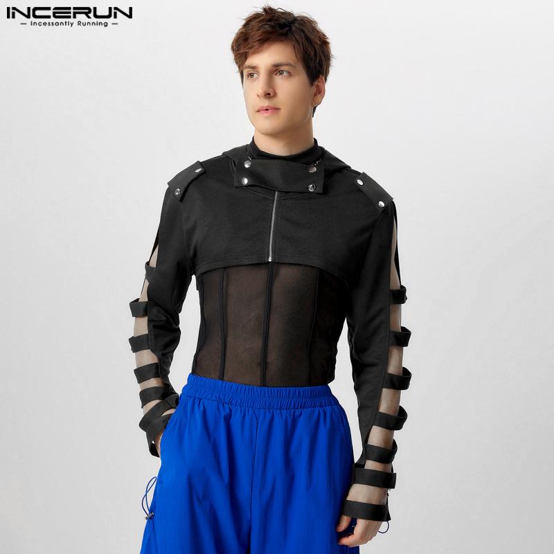 INCERUN Мужские короткие топы с длинным рукавом, однотонные укороченные толстовки с капюшоном