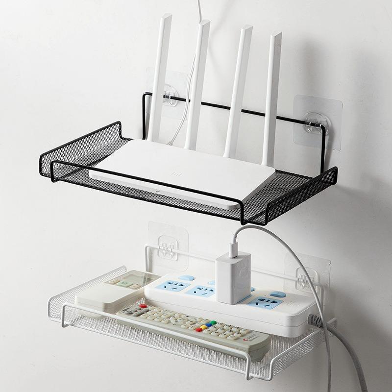 Wall Mounted Router Shelf Metal Mesh Storage Rack No Drill WiFi Router Stand Power Strip Cable Organizer Holder for TV