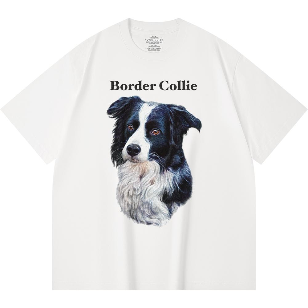 230GSM 100% Cotton T-Shirt Border Collie Print Tees Funny Harajuku Style Combed Cotton Tshirt