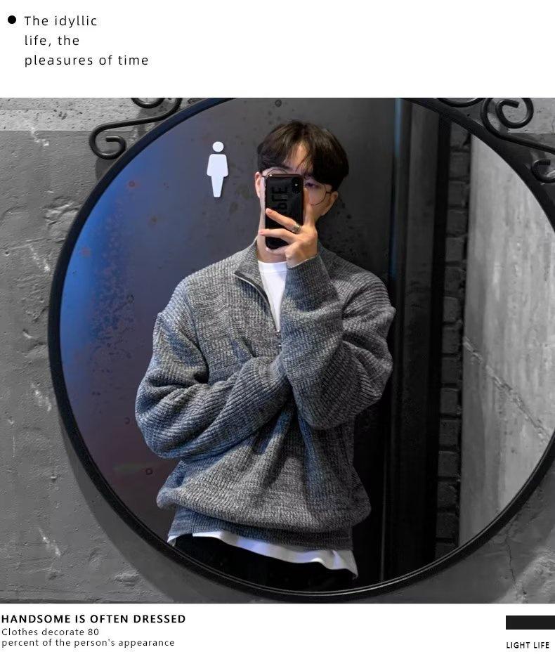 Korean Style Men's Autumn Half Zip Cardigan Sweater - Handsome Versatile Stand Collar Knitted Top Turtleneck Jacket