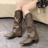 Мода Comemore Женские Ковбойские Длинные Сапоги Мода Слипоны Женские Элегантные Квадратный Каблук Рыцарские Ботас Обувь Ретро Женские Сапоги Ботфорты